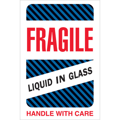 Professional 4x6 fragile liquid in glass labels printed on semi-gloss coated paper for maximum durability and compliance. Bright red ink ensures international recognition and visibility on shipments. Roll of 500 labels with compatible dispensers available for seamless warehouse integration.