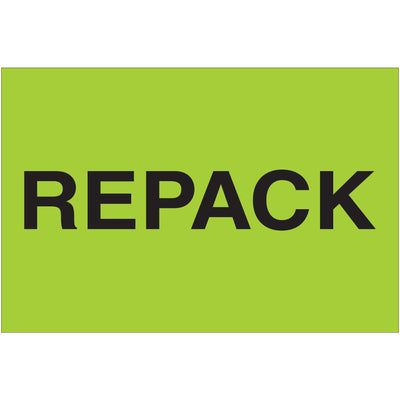 Internationally recognized fluorescent green repack labels sized 2" x 3" for maximum carton visibility and compliance. Printed on high-gloss paper stock for durability and professional appearance. Sold in convenient 500-label rolls.