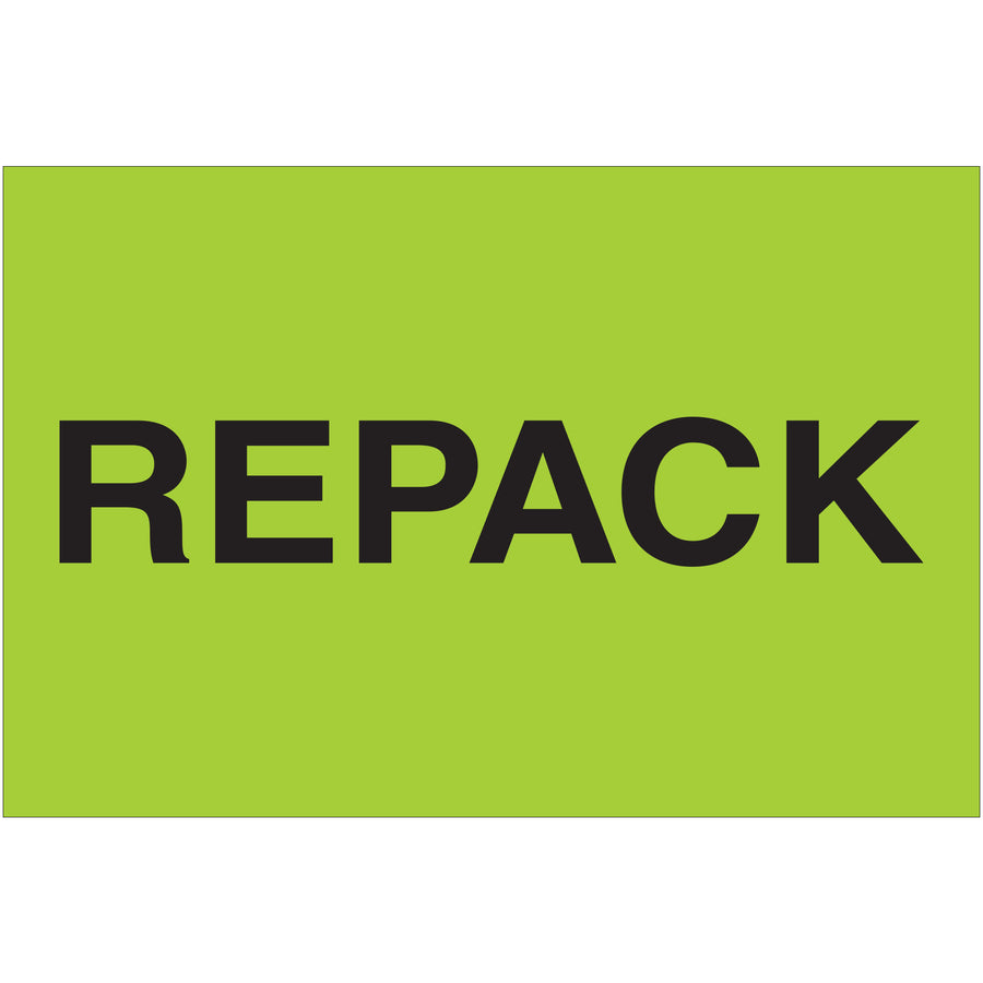 Internationally recognized fluorescent green repack labels sized 2" x 3" for maximum carton visibility and compliance. Printed on high-gloss paper stock for durability and professional appearance. Sold in convenient 500-label rolls.