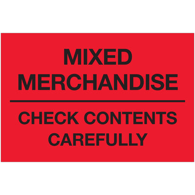 Internationally compliant 2" x 3" fluorescent red "Check Contents Carefully" labels printed on premium high gloss paper for maximum visibility and durability. Sold as 500-label rolls. Compatible with multiple tabletop and wall-mount dispensers for streamlined warehouse operations.