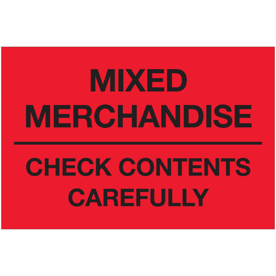 Internationally compliant 2" x 3" fluorescent red "Check Contents Carefully" labels printed on premium high gloss paper for maximum visibility and durability. Sold as 500-label rolls. Compatible with multiple tabletop and wall-mount dispensers for streamlined warehouse operations.