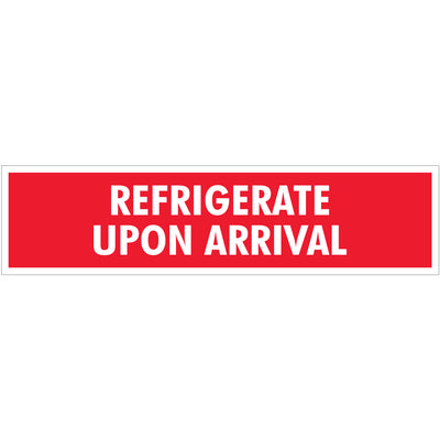 Ensure cold chain compliance with internationally recognized Refrigerate Upon Arrival labels. These 2" x 8" high-gloss paper labels are printed in bold red/white and shipped as a roll of 500, providing your shipping and logistics team with visible, durable special handling identification for every temperature-sensitive shipment.