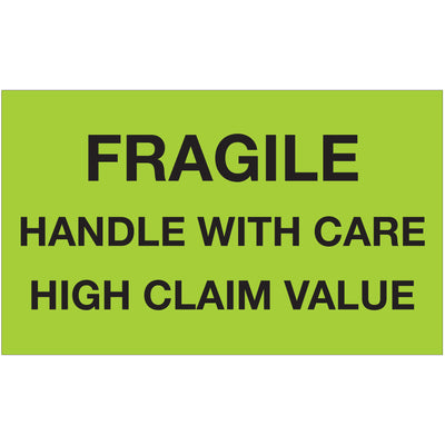 Internationally acknowledged fragile handling labels protect high-claim-value shipments with unmistakable fluorescent green visibility. Printed on durable high gloss paper stock, these 3" x 5" labels meet global compliance standards. 500 labels per roll‚backed by compatible dispensers for warehouse efficiency.