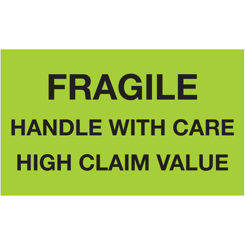 Internationally acknowledged fragile handling labels protect high-claim-value shipments with unmistakable fluorescent green visibility. Printed on durable high gloss paper stock, these 3