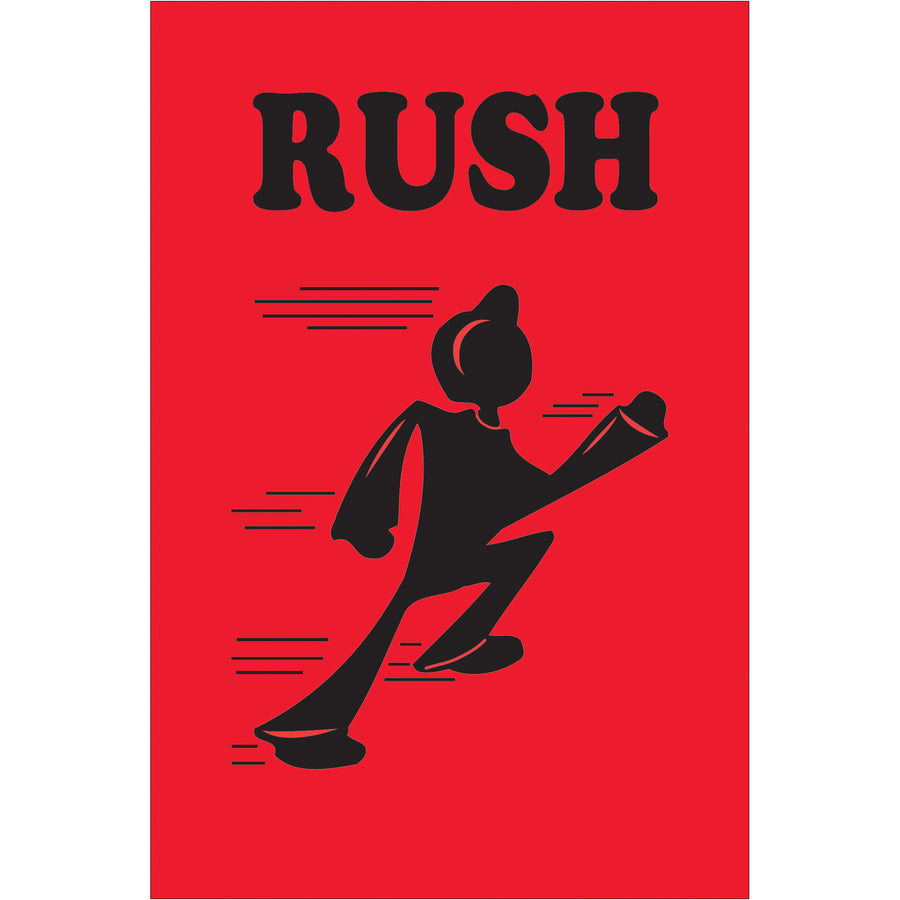 High-visibility 2" x 3" fluorescent red rush labels recognized across multiple countries for urgent shipments. Semi-gloss coated paper construction withstands handling and environmental conditions. 500 labels per roll with compatible tabletop and wall-mount dispensers in stock.