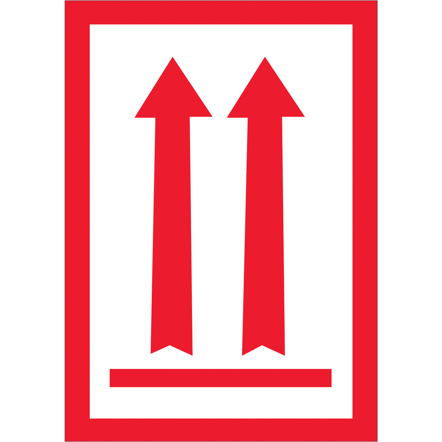 These 3" x 5" red arrow labels with clear directional indicators ensure proper package handling and comply with international fragile goods standards. Printed on durable semi-gloss coated paper for visibility and longevity in transit. Easy peel-and-apply application‚500 labels per roll.
