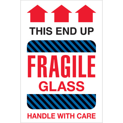 Bright red, IATA-compliant fragile glass labels protect shipments and ensure regulatory compliance. 4" x 6" semi-gloss coated paper construction delivers professional appearance and superior adhesion. Roll of 500 labels‚ready to dispense with compatible tabletop or wall-mount dispensers.
