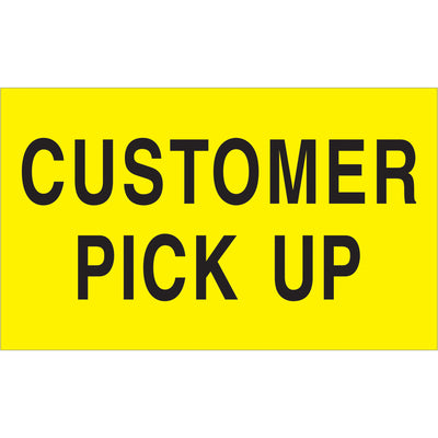 High-visibility 3" x 5" fluorescent yellow "Customer Pick Up" labels designed for logistics professionals managing customer service shipments. Semi-gloss coated paper ensures durability through handling and scanning. Each roll contains 500 labels with international recognition standards for seamless global supply chain visibility.