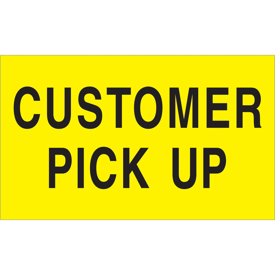 High-visibility 3" x 5" fluorescent yellow "Customer Pick Up" labels designed for logistics professionals managing customer service shipments. Semi-gloss coated paper ensures durability through handling and scanning. Each roll contains 500 labels with international recognition standards for seamless global supply chain visibility.