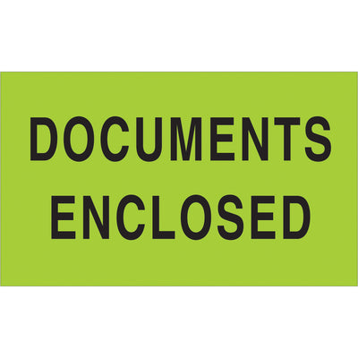 Internationally recognized 3x5" fluorescent green Documents Enclosed labels ensure your shipments get proper handling every time. Printed on premium semi-gloss coated paper for durability and visibility, sold as a convenient 500-label roll. Compatible with multiple tabletop and wall-mount dispensers for streamlined warehouse workflows.