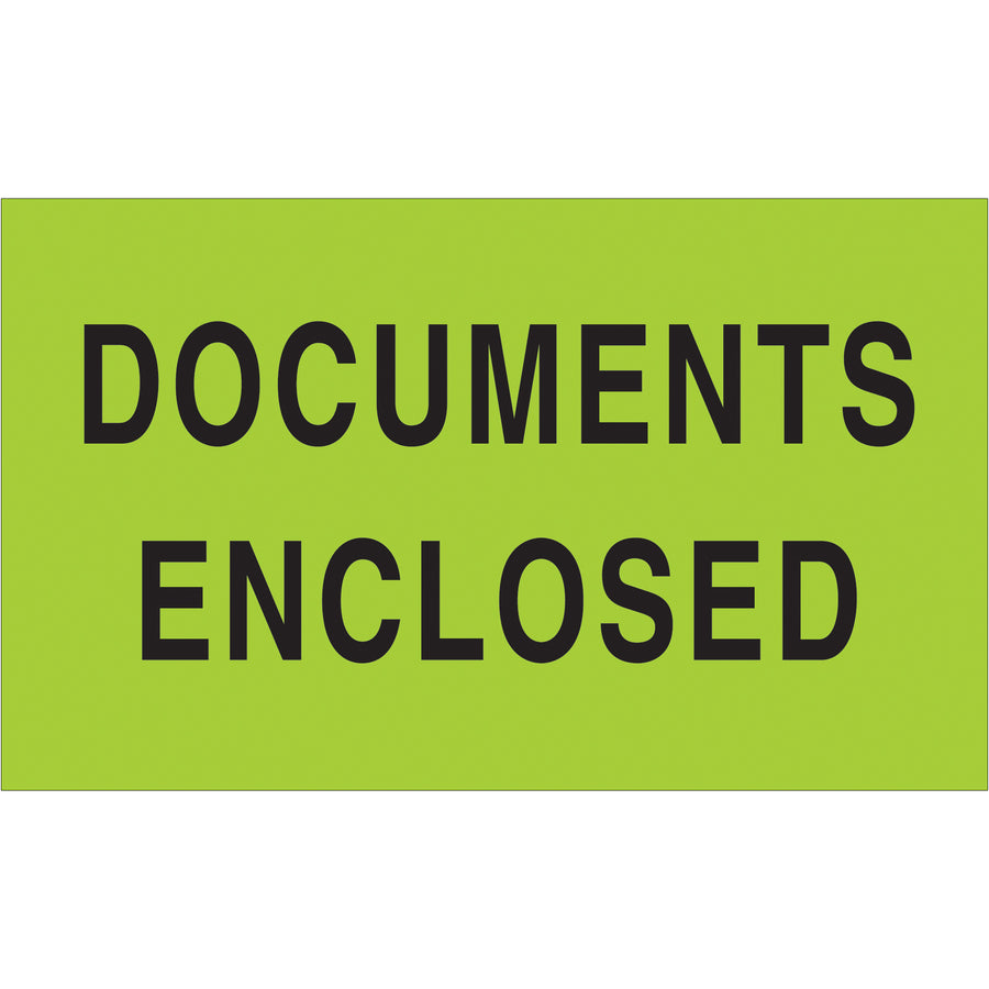 Internationally recognized 3x5" fluorescent green Documents Enclosed labels ensure your shipments get proper handling every time. Printed on premium semi-gloss coated paper for durability and visibility, sold as a convenient 500-label roll. Compatible with multiple tabletop and wall-mount dispensers for streamlined warehouse workflows.