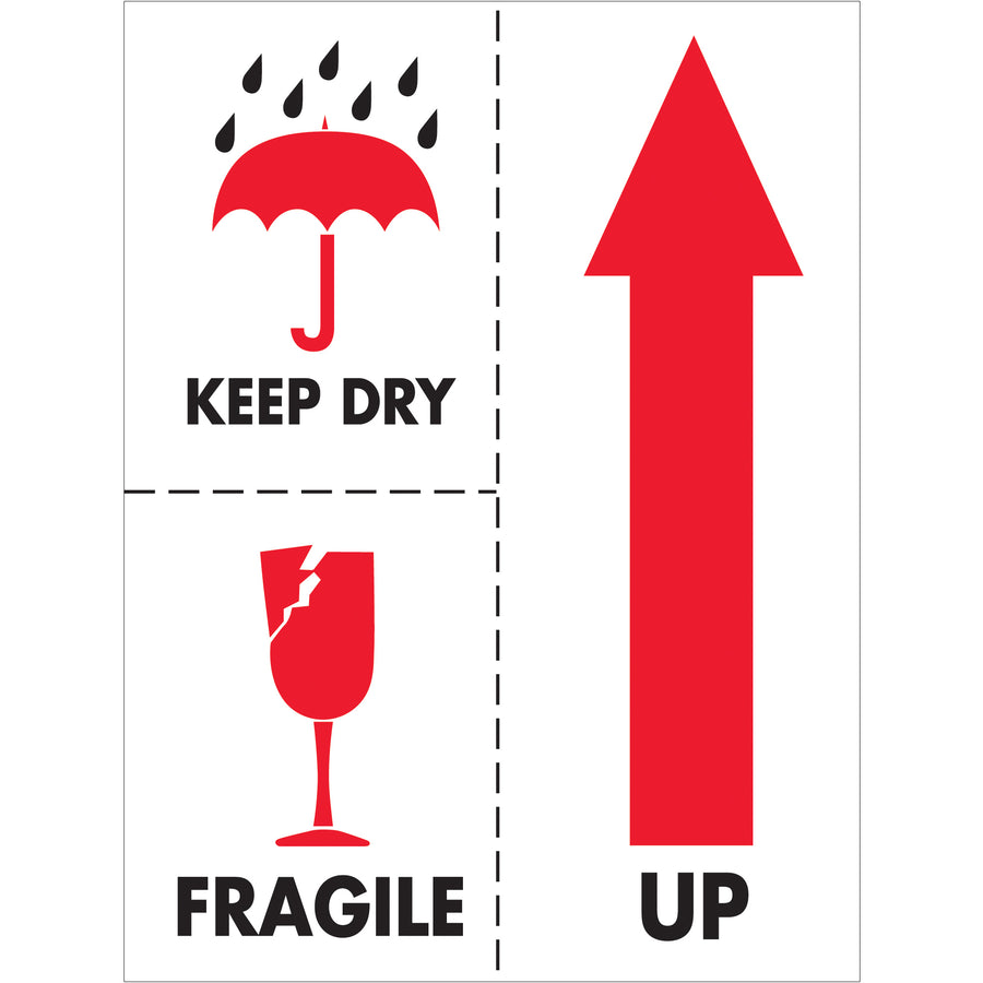 Protect shipments with internationally recognized Keep Dry Fragile labels that ensure cargo handlers worldwide understand critical handling requirements. 3" x 4" semi-gloss coated paper labels ship 500 per roll with optional tabletop and wall-mount dispensers for warehouse efficiency.