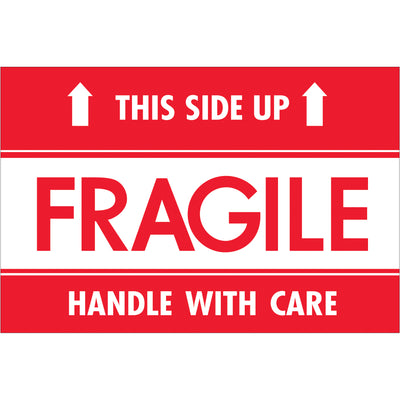Highly visible 2x3" fragile handling labels printed on durable semi-gloss coated paper demand immediate attention in any warehouse. This roll of 500 red and white labels meets international shipping standards and integrates seamlessly with tabletop or wall-mount dispensers (SL9506, SL9512, SL9518, LDM300, LDM450, LDM850, LDM1250). Protect fragile shipments while maintaining compliance visibility from dock to delivery.