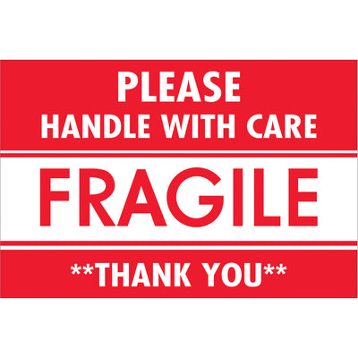 High-visibility 2" x 3" fragile labels printed on semi-gloss coated paper in bold red and white. Each roll contains 500 pre-cut labels designed to demand immediate attention during warehouse handling and international shipping. Compatible with tabletop and wall-mount dispensers for seamless integration into your shipping operation.