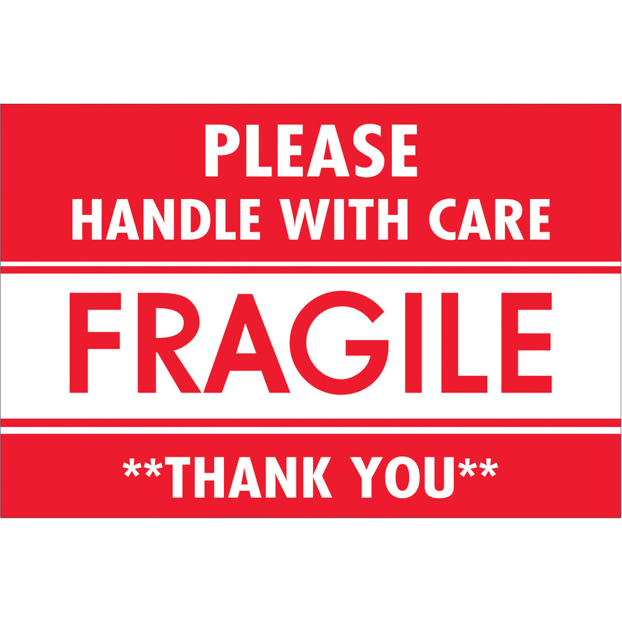 High-visibility 2" x 3" fragile labels printed on semi-gloss coated paper in bold red and white. Each roll contains 500 pre-cut labels designed to demand immediate attention during warehouse handling and international shipping. Compatible with tabletop and wall-mount dispensers for seamless integration into your shipping operation.