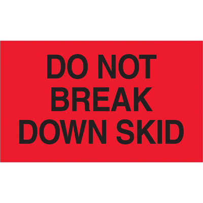 High-visibility 3x5 fluorescent red Do Not Break Down Skid labels ensure critical shipments stay intact during transit. Each roll contains 500 labels printed on durable semi-gloss coated paper, recognized across multiple international shipping standards. Compatible with standard tabletop and wall-mount dispensers for fast, consistent application.
