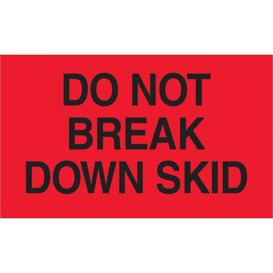 High-visibility 3x5 fluorescent red Do Not Break Down Skid labels ensure critical shipments stay intact during transit. Each roll contains 500 labels printed on durable semi-gloss coated paper, recognized across multiple international shipping standards. Compatible with standard tabletop and wall-mount dispensers for fast, consistent application.