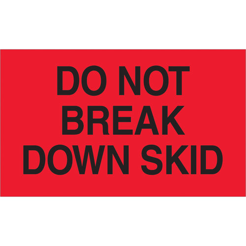 High-visibility 3x5 fluorescent red Do Not Break Down Skid labels ensure critical shipments stay intact during transit. Each roll contains 500 labels printed on durable semi-gloss coated paper, recognized across multiple international shipping standards. Compatible with standard tabletop and wall-mount dispensers for fast, consistent application.