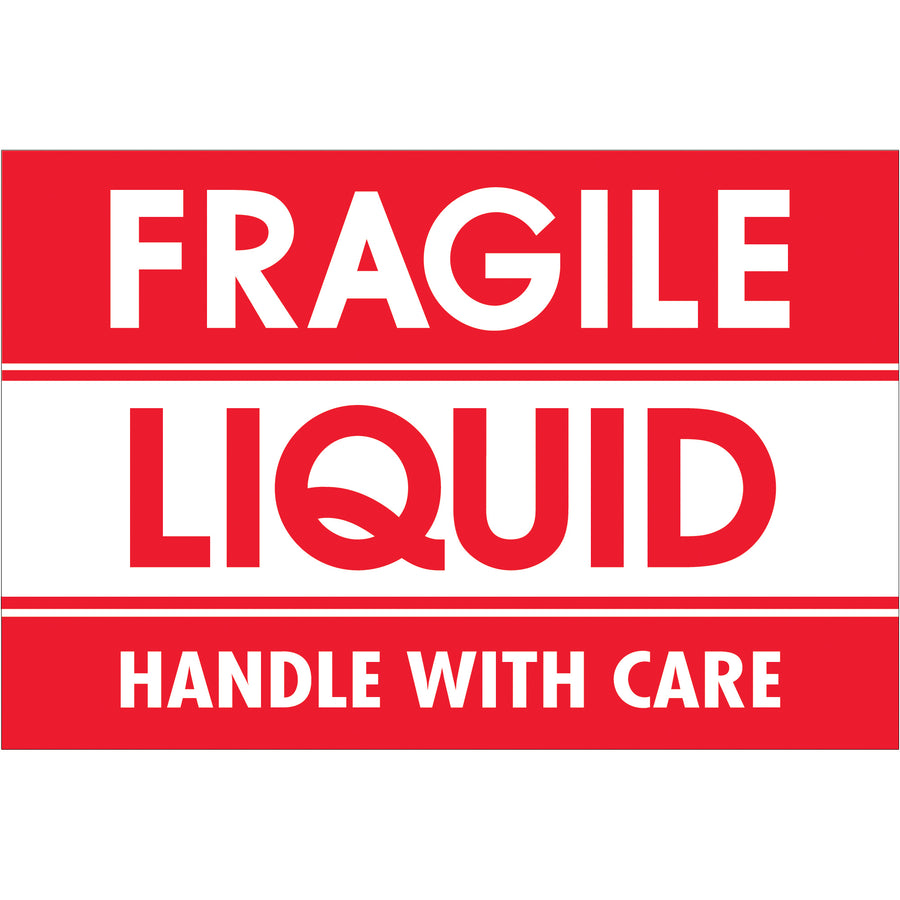 Professional-grade fragile liquid shipping labels in high-visibility red and white on semi-gloss coated paper. 2" x 3" dimensions, 500 labels per roll. Meet ANSI/IATA compliance standards and international shipping requirements for hazardous liquid contents. Ideal for logistics coordinators managing glass and liquid shipments.