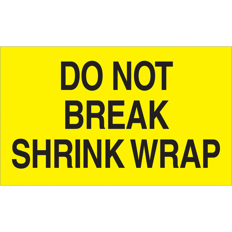 High-visibility 3x5" Do Not Break Shrink Wrap labels in fluorescent yellow meet international shipping standards. Semi-gloss coated paper construction withstands handling, moisture, and temperature changes. 500 labels per roll with compatible tabletop and wall-mount dispensers available.
