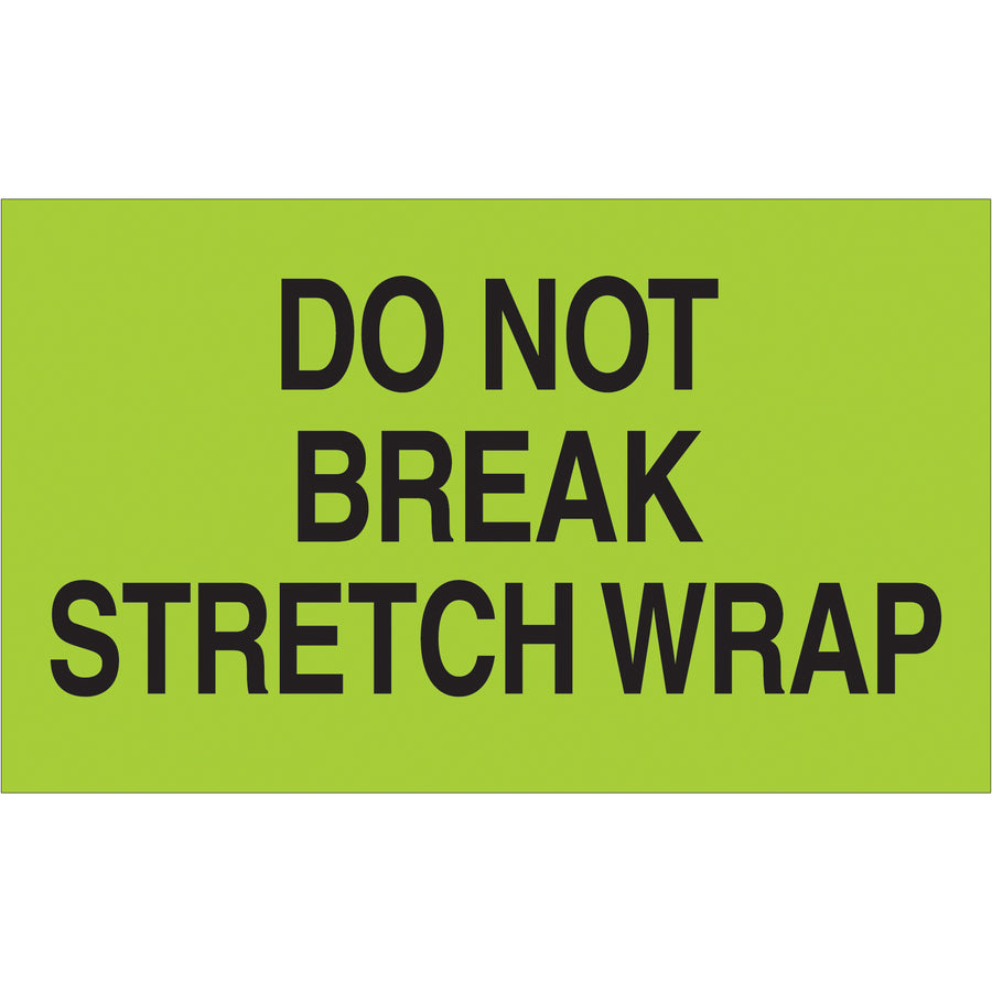 High-visibility "Do Not Break" stretch wrap labels in fluorescent green instantly alert handlers to fragile shipments. 3" x 5" semi-gloss coated paper labels ship 500 per roll, recognized across multiple countries for consistent damage prevention compliance.