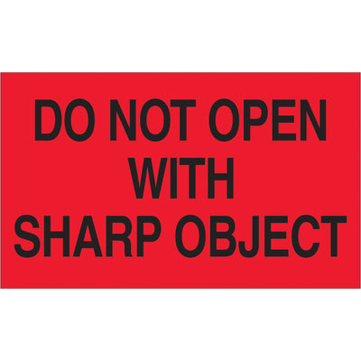 Internationally acknowledged "Do Not Open with Sharp Object" warning labels ensure your fragile shipments get proper handling. 3" x 5" fluorescent red semi-gloss labels come 500 per roll, offering maximum visibility in sorting facilities and warehouses. Compatible with standard and wall-mount dispensers for seamless integration into your shipping workflow.