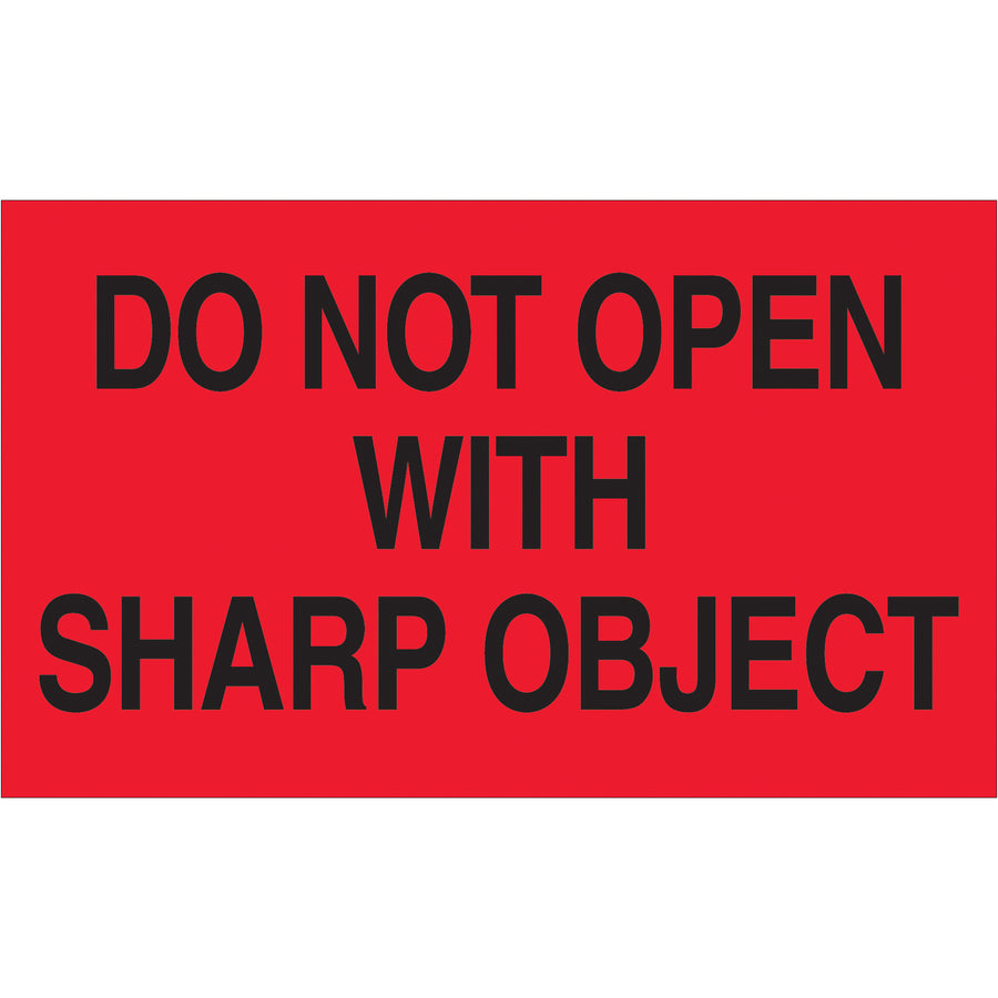 Internationally acknowledged "Do Not Open with Sharp Object" warning labels ensure your fragile shipments get proper handling. 3" x 5" fluorescent red semi-gloss labels come 500 per roll, offering maximum visibility in sorting facilities and warehouses. Compatible with standard and wall-mount dispensers for seamless integration into your shipping workflow.
