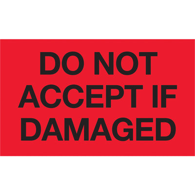 Get immediate attention with bright fluorescent red 3x5 do not accept if damaged labels. Printed on semi-gloss coated paper for durability in transit. International compliance recognized across multiple countries. Sold as 500-label rolls with compatible tabletop and wall-mount dispensers available.