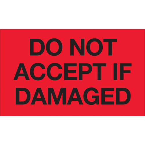Get immediate attention with bright fluorescent red 3x5 do not accept if damaged labels. Printed on semi-gloss coated paper for durability in transit. International compliance recognized across multiple countries. Sold as 500-label rolls with compatible tabletop and wall-mount dispensers available.