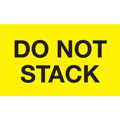 High-visibility 3" x 5" Do Not Stack labels printed on durable semi-gloss coated paper in fluorescent yellow. Each roll contains 500 labels recognized across multiple countries for consistent shipping compliance. Pair with compatible tabletop or wall-mount dispensers for streamlined warehouse labeling operations.