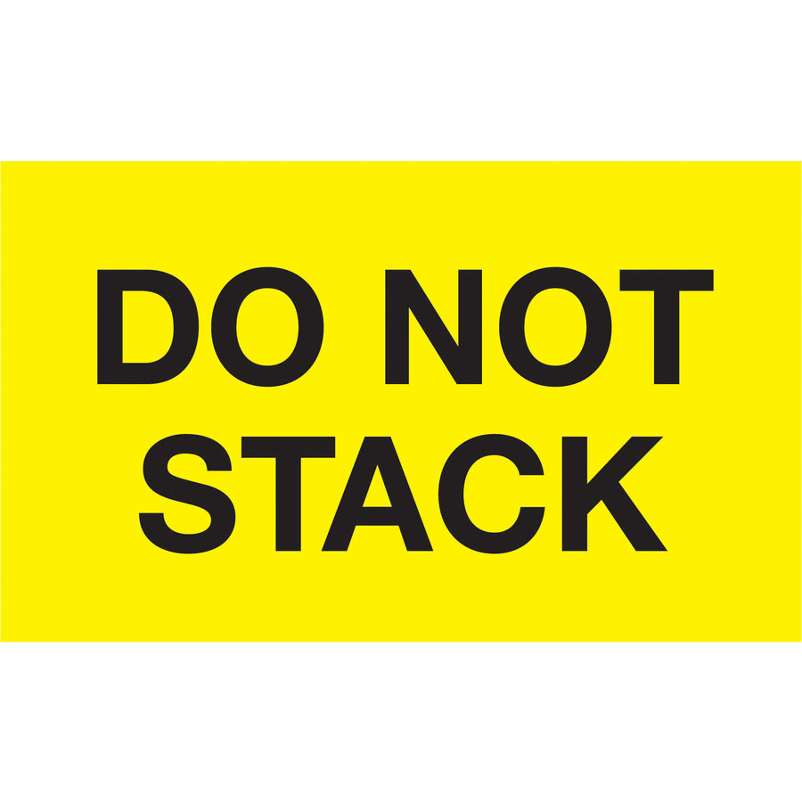 High-visibility 3" x 5" Do Not Stack labels printed on durable semi-gloss coated paper in fluorescent yellow. Each roll contains 500 labels recognized across multiple countries for consistent shipping compliance. Pair with compatible tabletop or wall-mount dispensers for streamlined warehouse labeling operations.