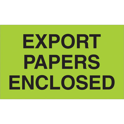 High-visibility fluorescent green export papers enclosed labels meet international shipping compliance standards. 3" x 5" semi-gloss coated paper, 500 labels per roll. Instantly recognized in customs and logistics operations worldwide‚the right choice for every international carton.