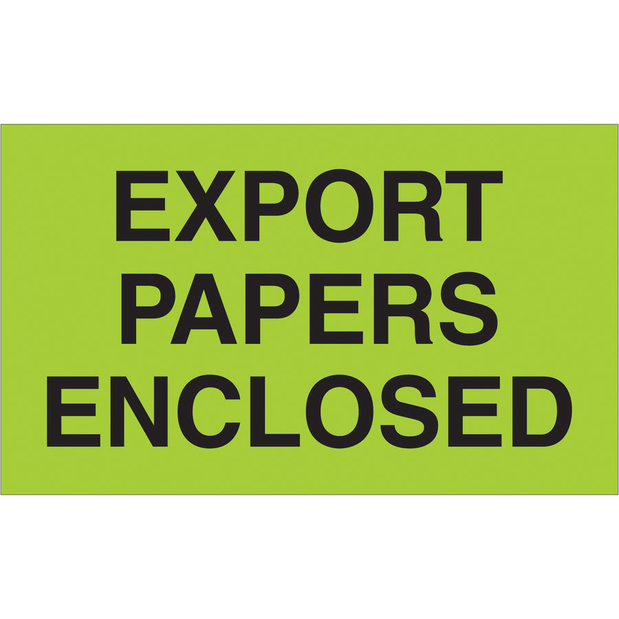 High-visibility fluorescent green export papers enclosed labels meet international shipping compliance standards. 3" x 5" semi-gloss coated paper, 500 labels per roll. Instantly recognized in customs and logistics operations worldwide–the right choice for every international carton.