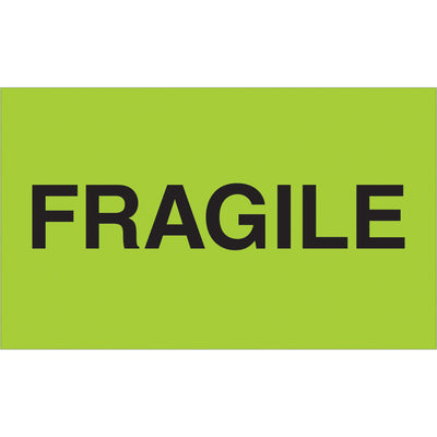 Maximize shipment visibility with 3x5" fluorescent green fragile labels printed on durable semi-gloss coated paper. Each roll contains 500 labels designed to meet international shipping standards and demand immediate handler attention. Compatible with tabletop and wall-mount dispensers for warehouse efficiency.