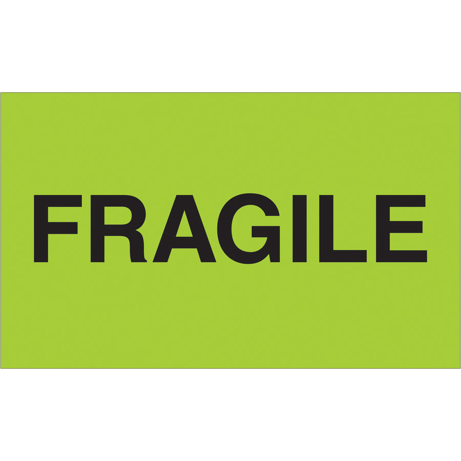 Maximize shipment visibility with 3x5" fluorescent green fragile labels printed on durable semi-gloss coated paper. Each roll contains 500 labels designed to meet international shipping standards and demand immediate handler attention. Compatible with tabletop and wall-mount dispensers for warehouse efficiency.