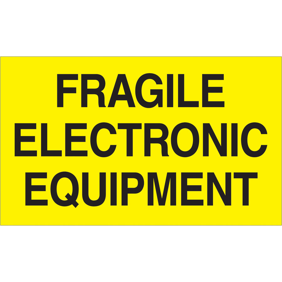 Internationally recognized 3" x 5" fragile electronic equipment labels in high-visibility fluorescent yellow. Printed on durable semi-gloss coated paper with 500 labels per roll. Ensures proper handling compliance across domestic and international shipments while maintaining maximum visibility in warehouses and during transit.