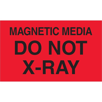 Internationally recognized 3" x 5" Magnetic Media Do Not X-Ray labels in high-visibility fluorescent red. Printed on durable semi-gloss coated paper for reliable adhesion and long-term readability. Roll of 500 labels designed to meet global shipping compliance standards and protect sensitive magnetic media from X-ray damage.
