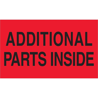 High-visibility 3x5" fluorescent red shipping labels with "Additional Parts Inside" messaging recognized in multiple countries. Printed on durable semi-gloss coated paper and sold as a 500-label roll. Pair with table-top or wall-mount dispensers for streamlined warehouse operations.