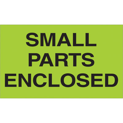 High-visibility 3" x 5" special handling labels in fluorescent green, printed on durable semi-gloss coated paper. Internationally recognized "Small Parts Enclosed" marking meets IATA, IMDG, and DOT compliance requirements. Roll of 500 labels ready to ship.