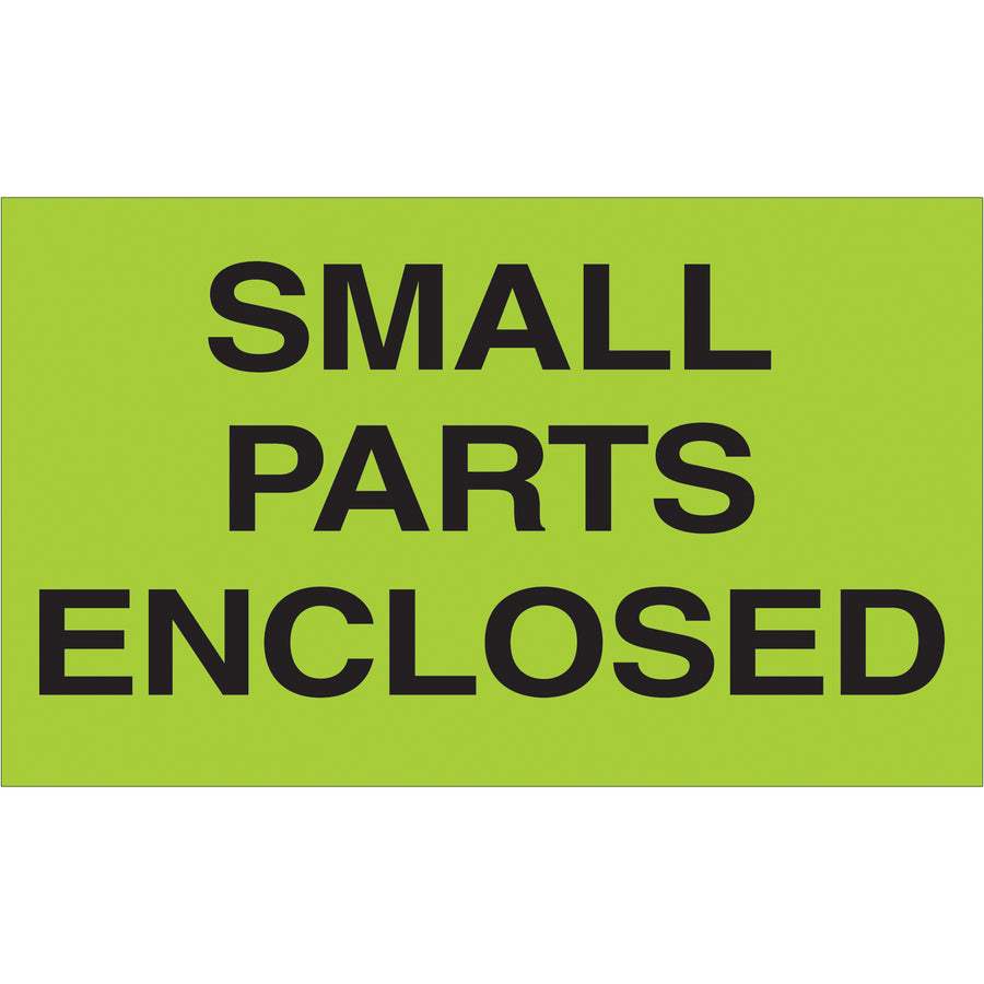 High-visibility 3" x 5" special handling labels in fluorescent green, printed on durable semi-gloss coated paper. Internationally recognized "Small Parts Enclosed" marking meets IATA, IMDG, and DOT compliance requirements. Roll of 500 labels ready to ship.
