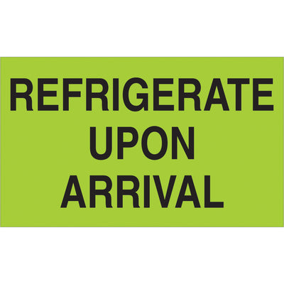 Ensure temperature-sensitive shipments stay compliant with internationally recognized 3x5" refrigerate upon arrival labels. Printed on semi-gloss coated paper with high-visibility fluorescent green finish. Ships in convenient 500-label rolls with compatible tabletop and wall-mount dispensers available.