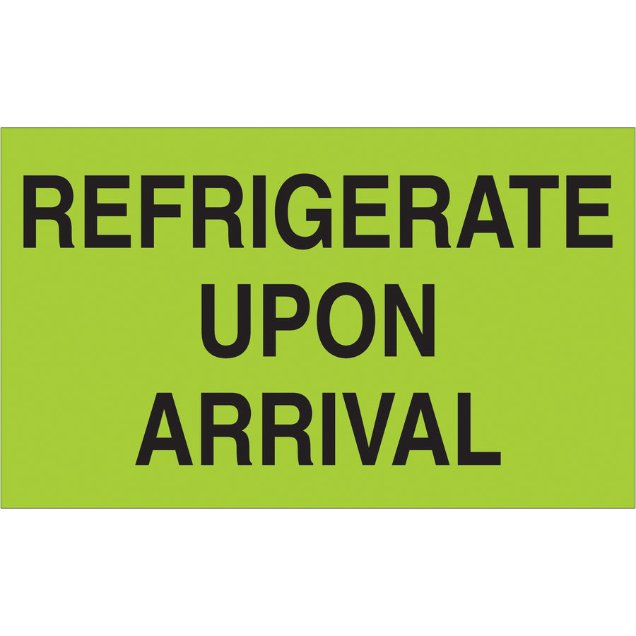 Ensure temperature-sensitive shipments stay compliant with internationally recognized 3x5" refrigerate upon arrival labels. Printed on semi-gloss coated paper with high-visibility fluorescent green finish. Ships in convenient 500-label rolls with compatible tabletop and wall-mount dispensers available.