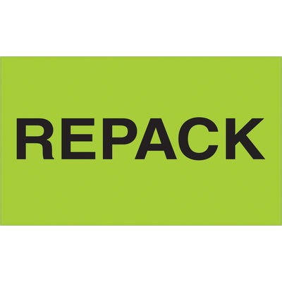 High-visibility fluorescent green repack labels designed for shipping coordinators managing international logistics. 3x5" semi-gloss coated paper labels sold in rolls of 500 units. Internationally acknowledged compliance standards ensure seamless cross-border shipment processing and carrier recognition.