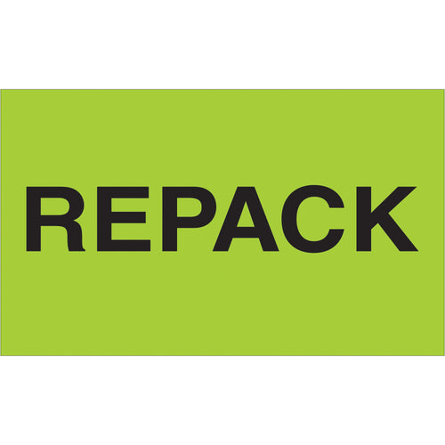 High-visibility fluorescent green repack labels designed for shipping coordinators managing international logistics. 3x5