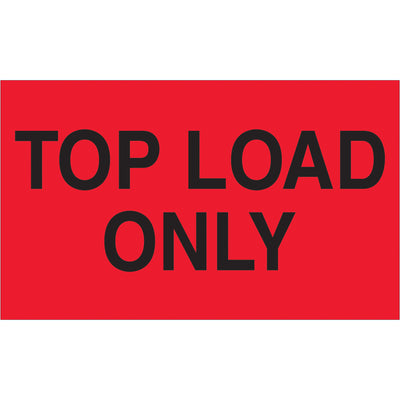 High-visibility 3" x 5" fluorescent red top load only labels printed on durable semi-gloss coated paper. Recognized internationally for special handling compliance. Sold as rolls of 500 with compatible table top and wall mount dispensers in stock.