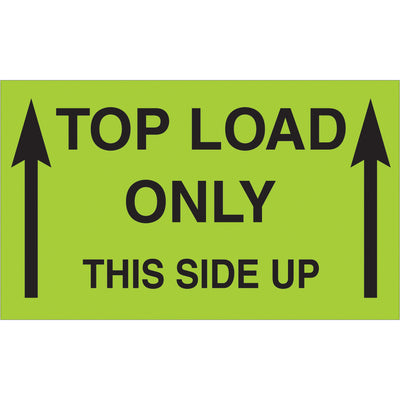 High-visibility 3x5" fluorescent green "Top Load Only - This Side Up" labels printed on durable semi-gloss coated paper. Internationally recognized compliance markings ensure proper cargo handling across borders. Sold in rolls of 500 for maximum shipping efficiency.