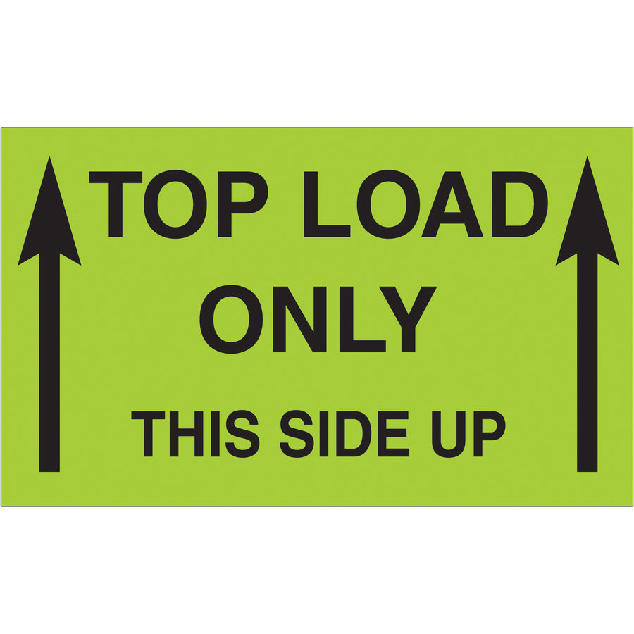 High-visibility 3x5" fluorescent green "Top Load Only - This Side Up" labels printed on durable semi-gloss coated paper. Internationally recognized compliance markings ensure proper cargo handling across borders. Sold in rolls of 500 for maximum shipping efficiency.