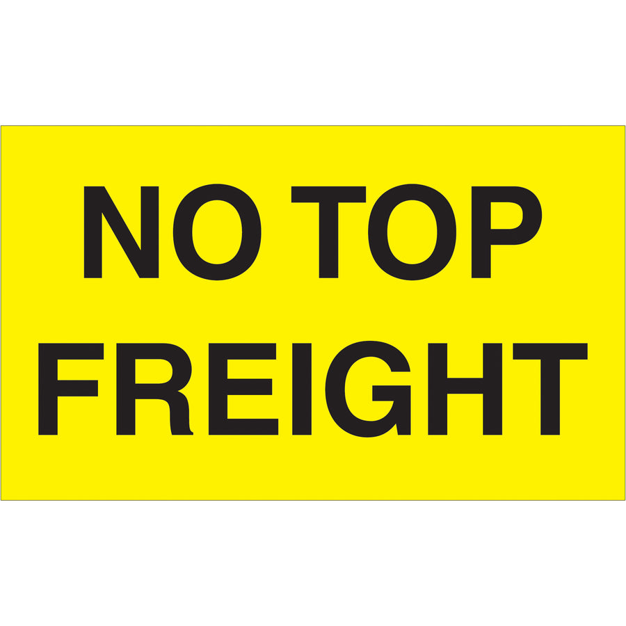 Comply with international shipping regulations using these 3" x 5" fluorescent yellow "No Top Freight" labels, recognized across multiple countries for special handling requirements. Printed on durable semi-gloss coated paper with 500 labels per roll. Pair with our tabletop or wall-mount dispensers for seamless warehouse operations.
