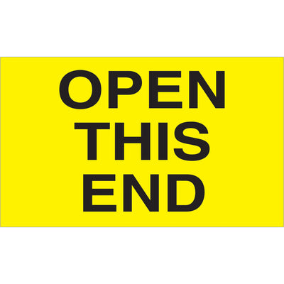 Bright fluorescent yellow 3" x 5" "Open This End" labels printed on semi-gloss coated paper for maximum visibility and durability in transit. 500 labels per roll ensure consistent stock for high-volume shipping operations. Internationally recognized handling instruction format complies with special handling requirements across multiple countries.
