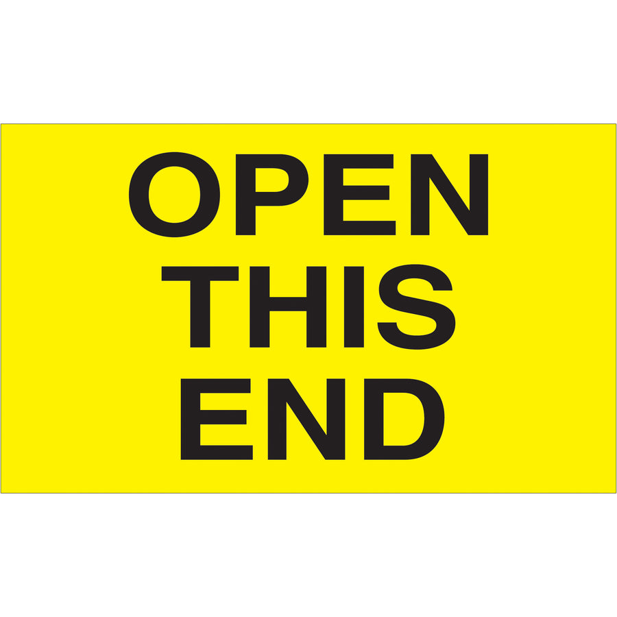 Bright fluorescent yellow 3" x 5" "Open This End" labels printed on semi-gloss coated paper for maximum visibility and durability in transit. 500 labels per roll ensure consistent stock for high-volume shipping operations. Internationally recognized handling instruction format complies with special handling requirements across multiple countries.